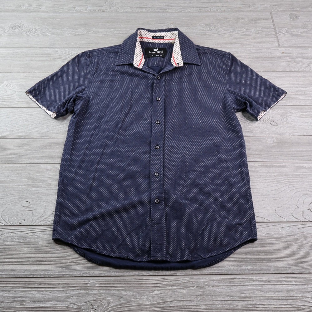 Buttercloth Icy Cotton Men's Medium Slim Fit Navy Polka Dot Button Up Shirt
